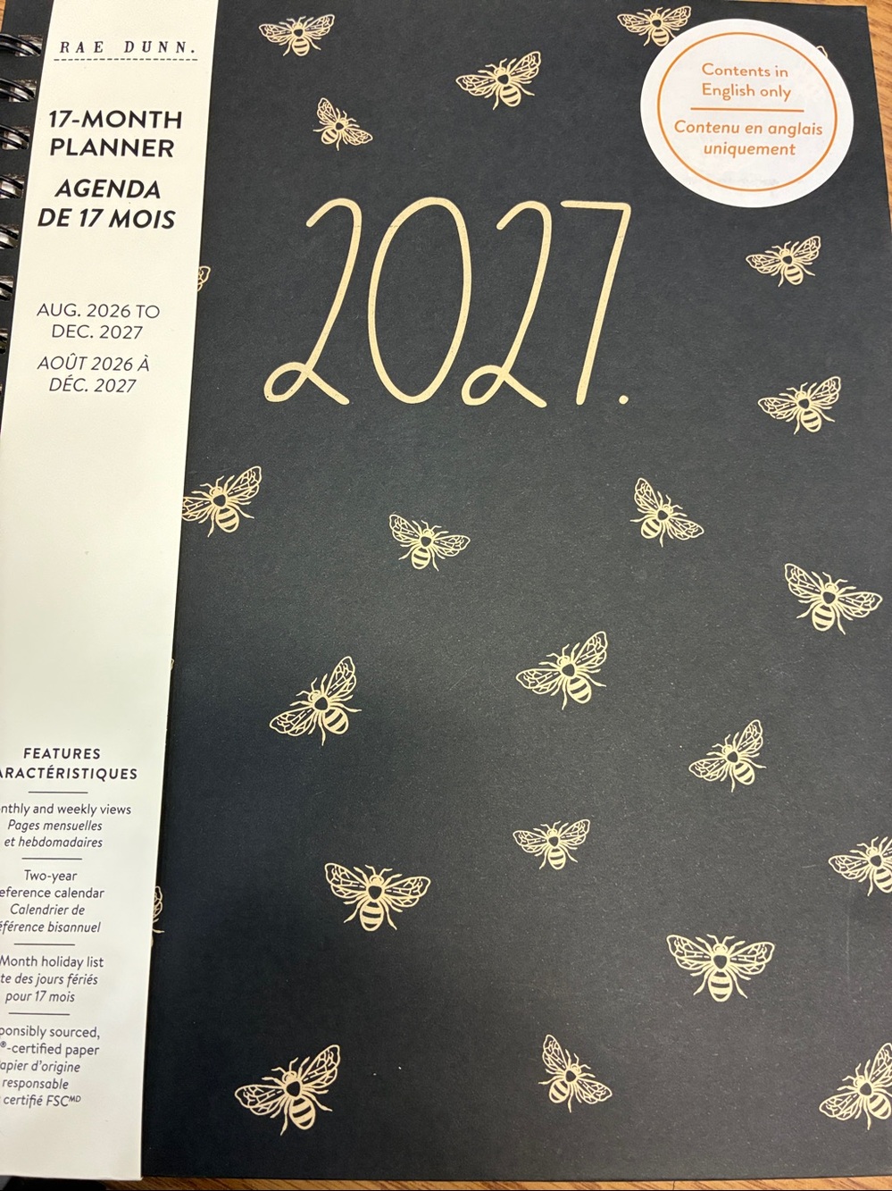 Rae Dunn 2027 Bees Large Size Hard Cover Spiral 12-month Planner (Kraft/Black)